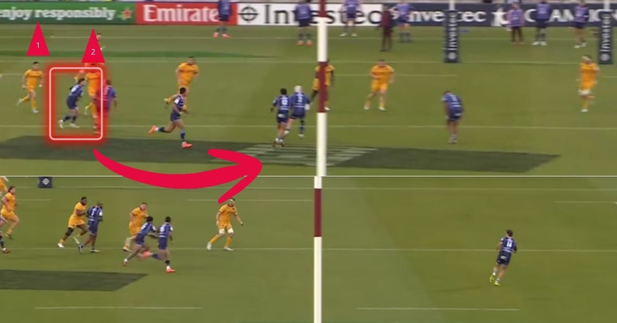 Sur l’essai de Martin Page-Relo face à Northampton, les appuis de trois défenseurs sont concentrés sur Matthieu Jalibert. © beIN Sports